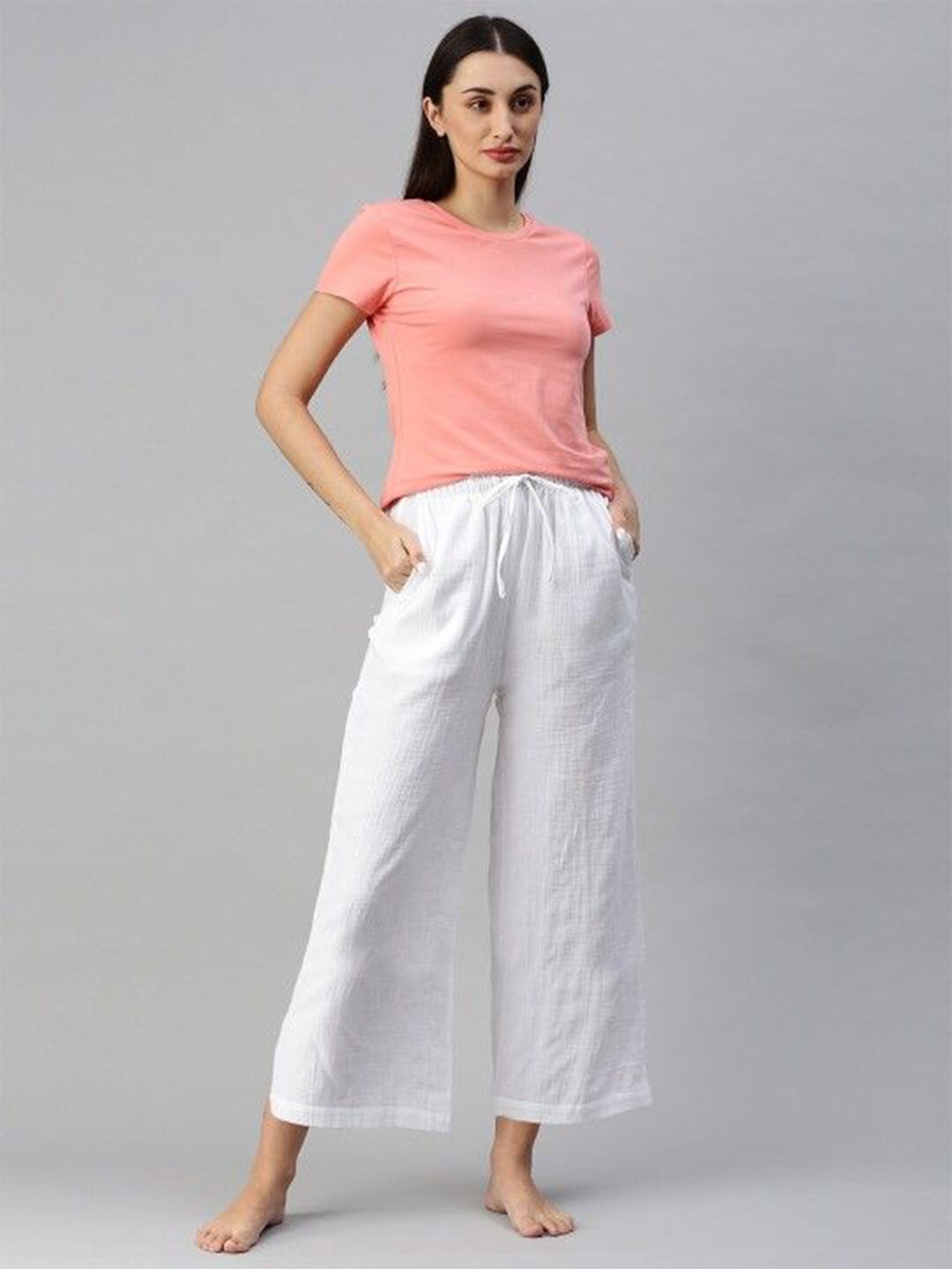 

Bareblow Women Wide Leg Drawstring Palazzos, White