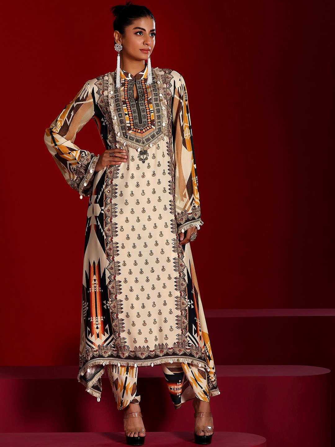 

Libas Art Ethnic Motifs Printed Mandarin Collar Tunic with Dhoti Pants, Beige