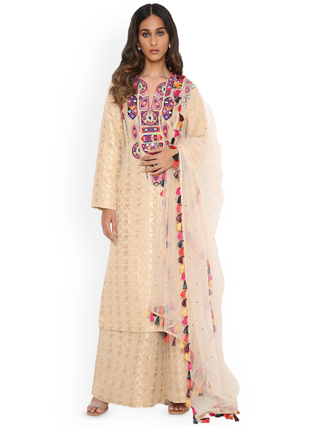 

Payal Singhal Ethnic Motifs Regular Thread Work Straight Kurta with Sharara & Dupatta, Cream