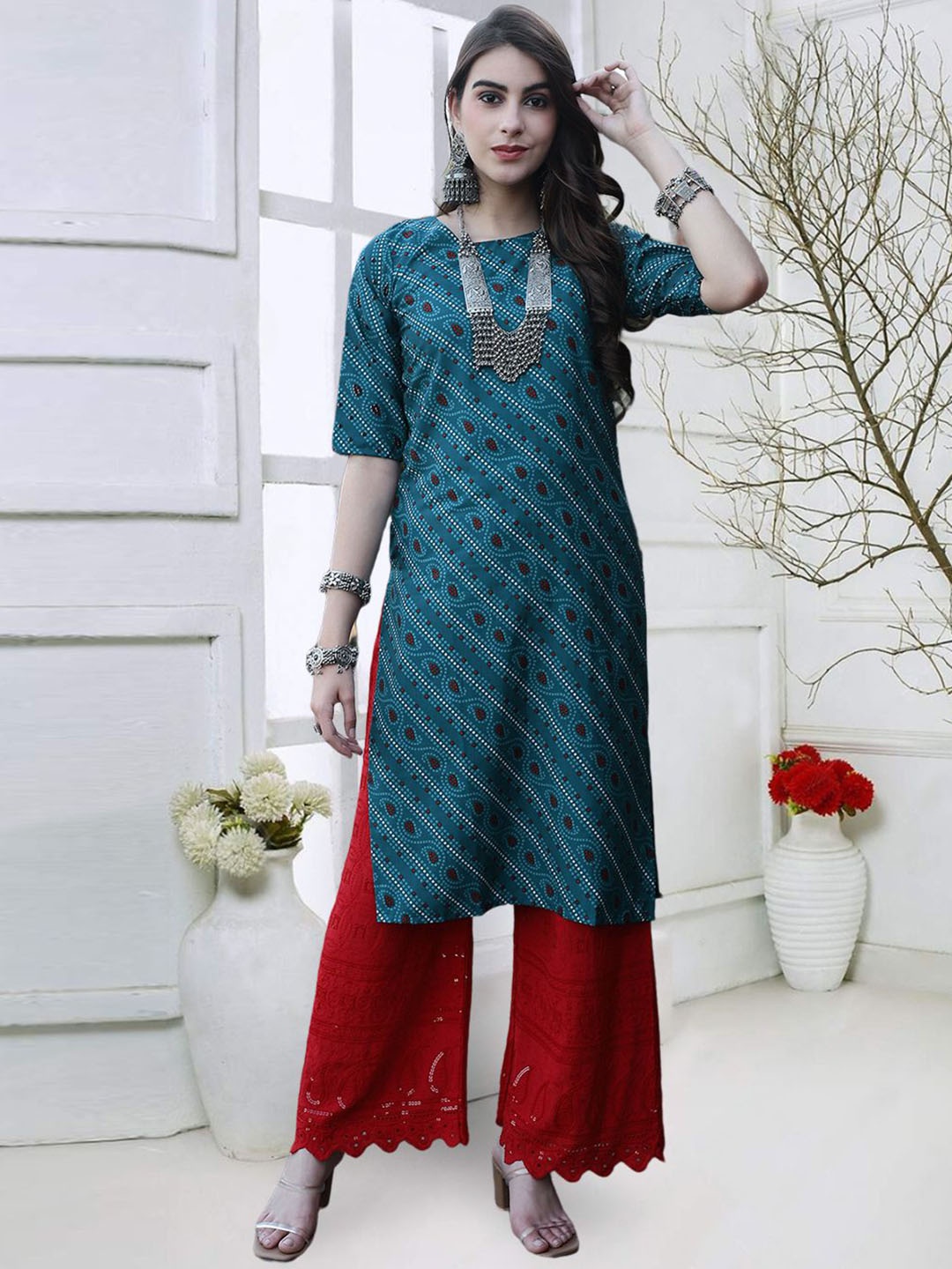 

7Threads Paisley Printed Round Neck Straight Kurta, Blue