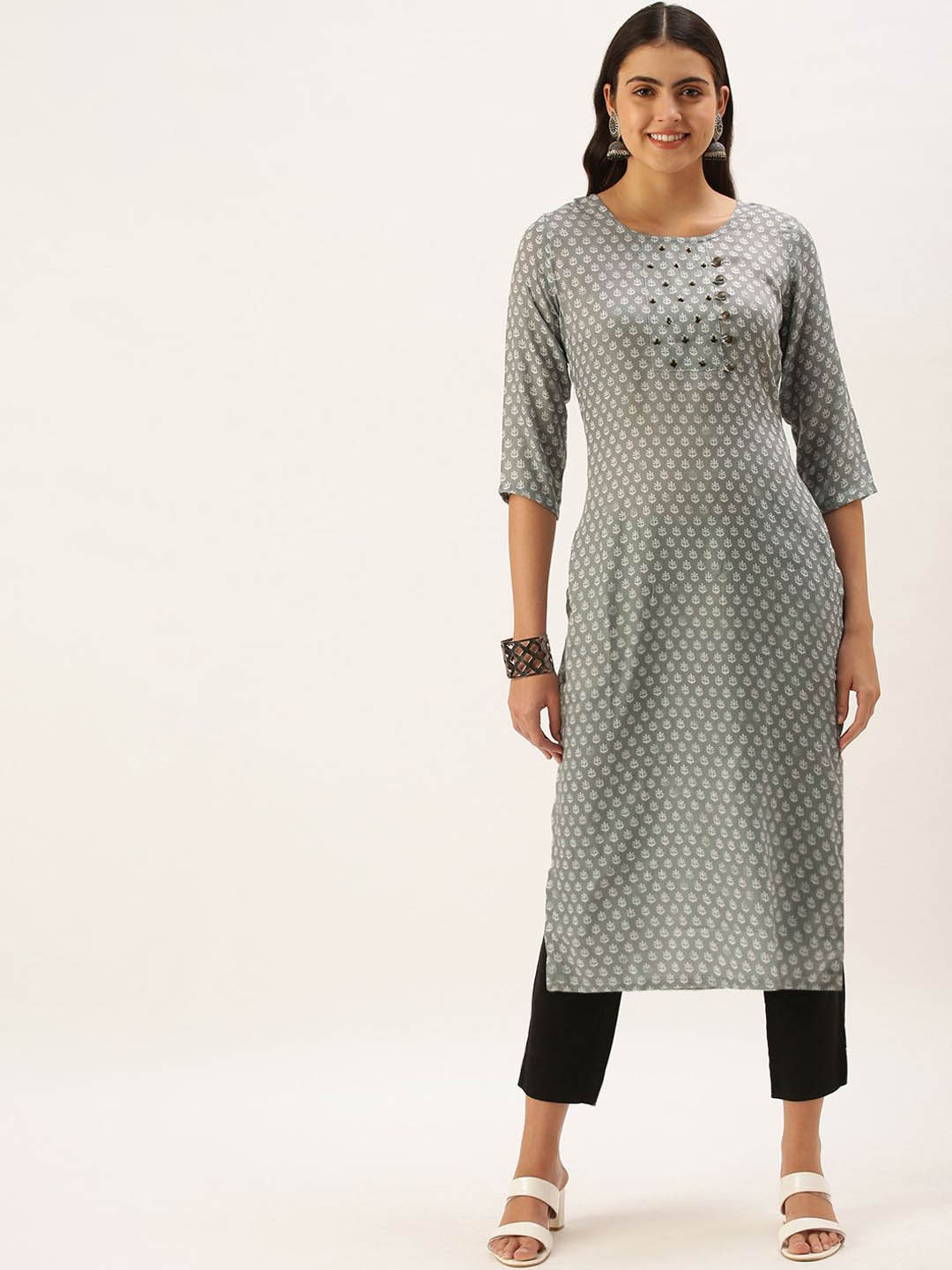 

KALINI Ethnic Motifs Printed Round Neck Straight Kurta, Grey