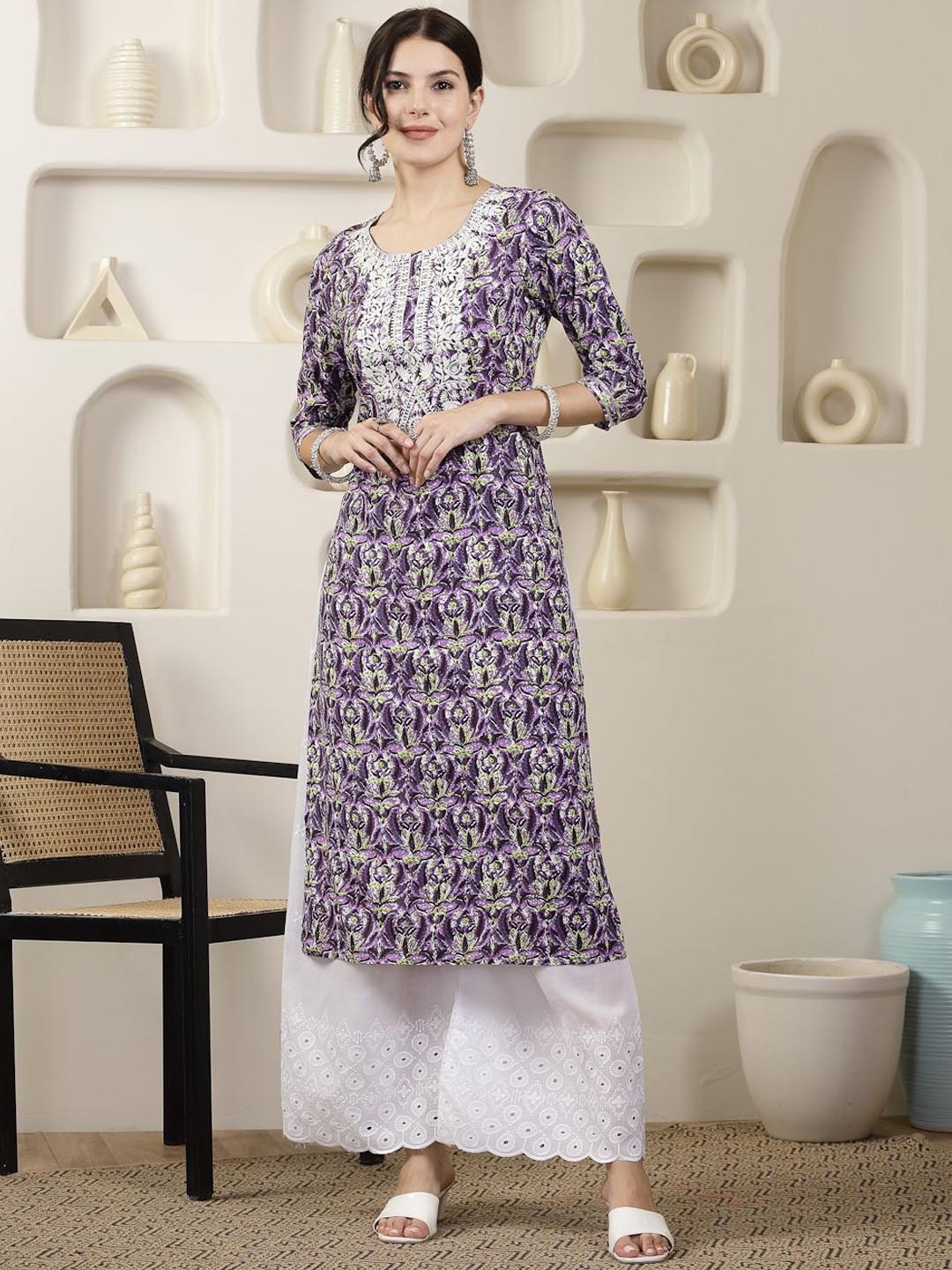 

Stylum Floral Printed Thread Work Straight Kurta, Purple