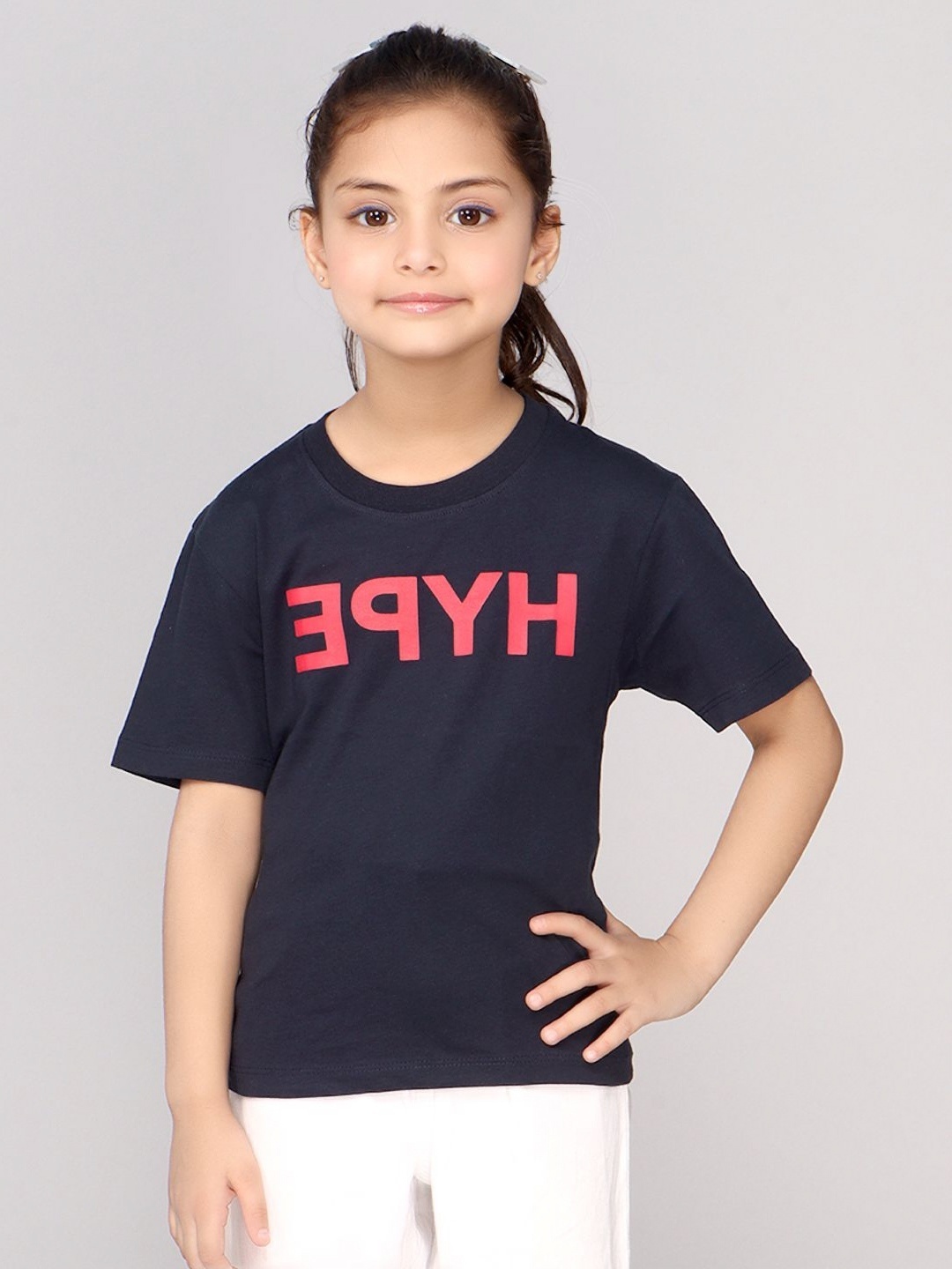 

DDOUDDOU Girls Typography Printed Round Neck Cotton T-Shirt, Navy blue