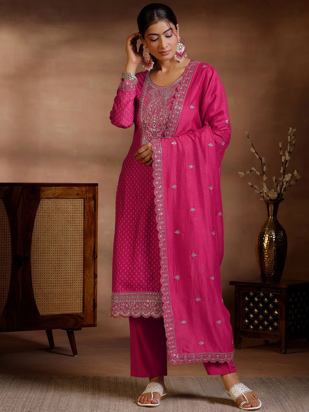 

Libas Bandhani Printed Sequinned Kurta with Trousers & Dupatta, Pink