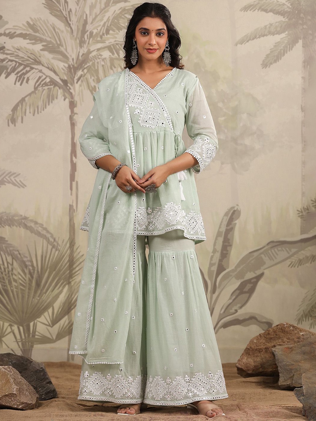 

Kaftanize Ethnic Motifs Embroidered Pure Cotton Kurta with Sharara & Dupatta, Green