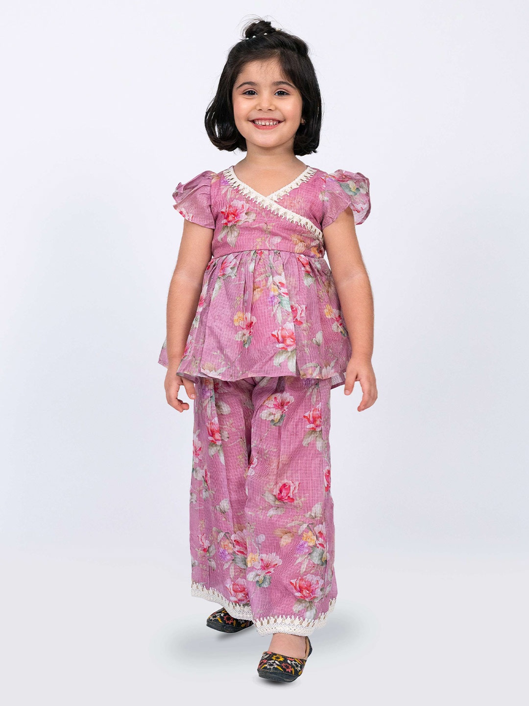 

Twisha Girls Floral Printed V-Neck Lace Tunic with Palazzos, Pink