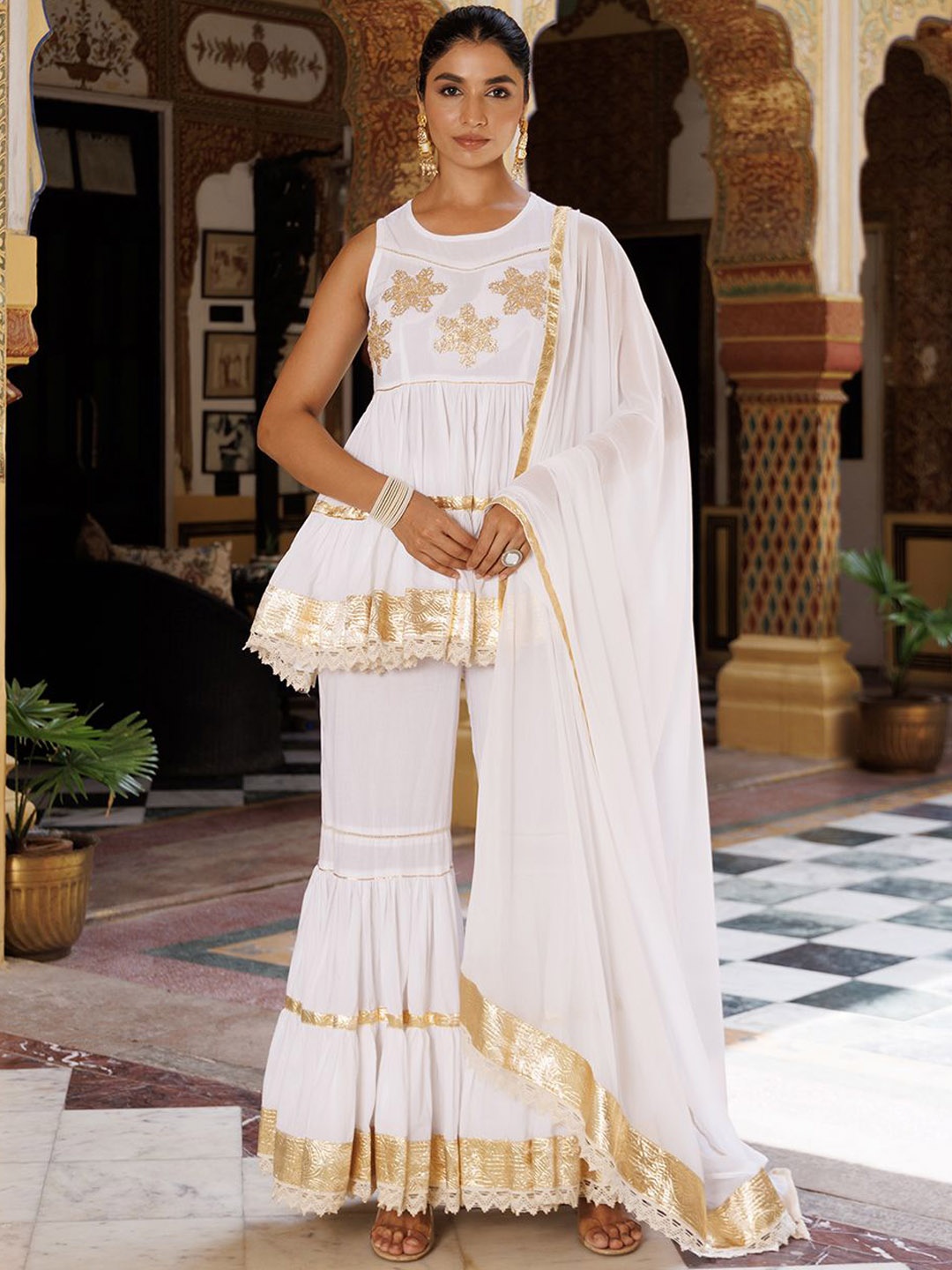 

Ragavi Floral Embroidered Regular Pure Cotton Kurti With Sharara & Dupatta, White