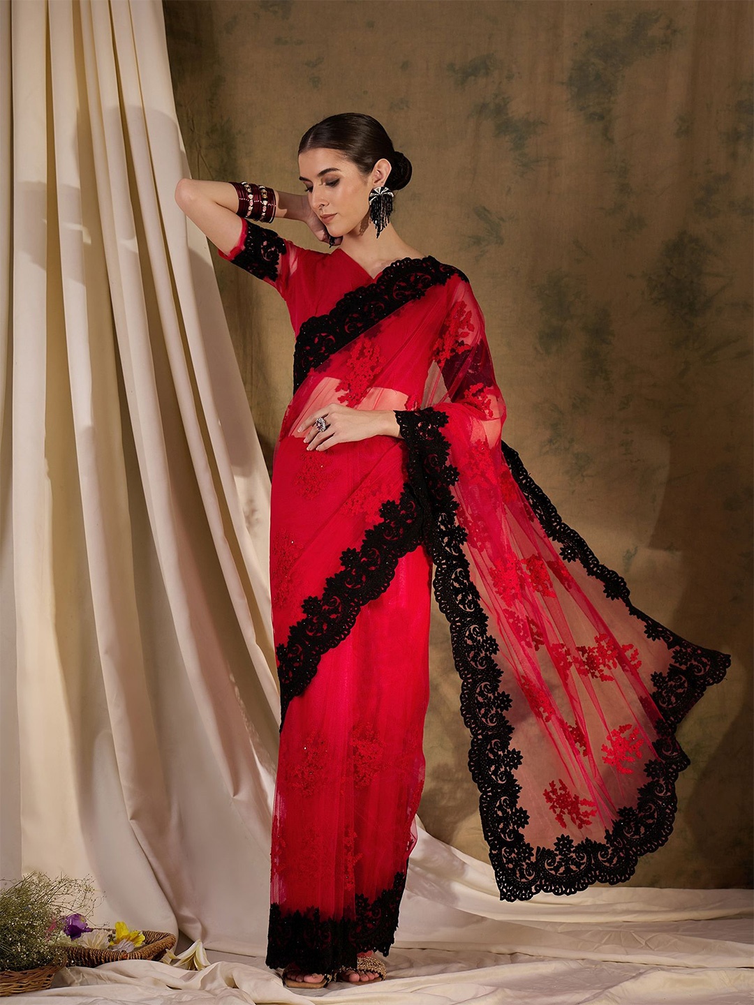 

SHADOW & SAINING Beads and Stones Embroidered Net Saree, Red