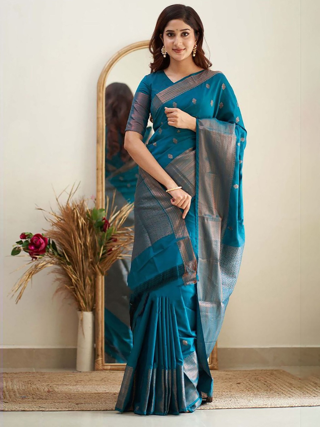 

Anjaneya Sarees Woven Design Zari Silk Blend Banarasi Saree, Teal