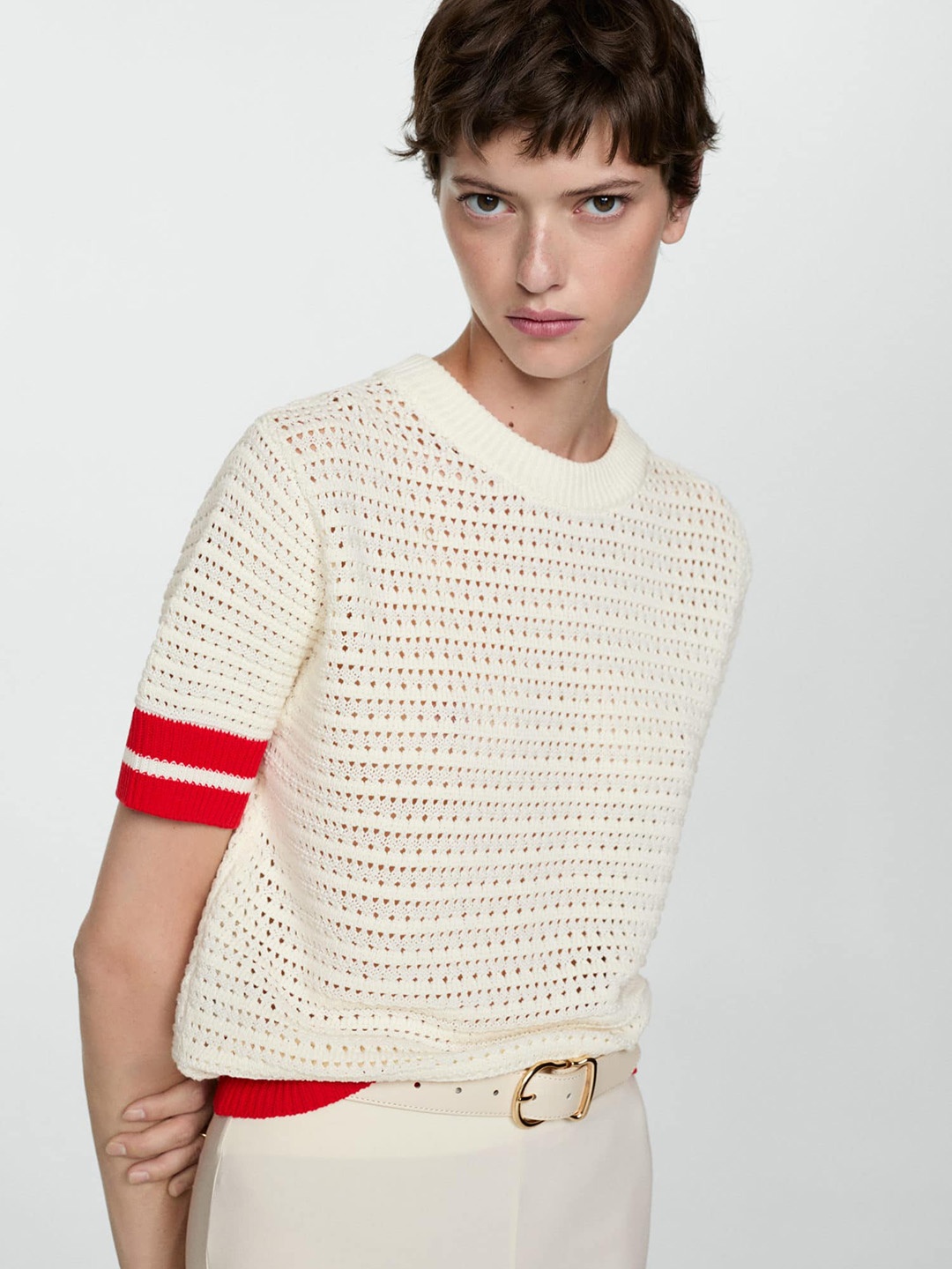 

MANGO Women Solid Pullover, Off white