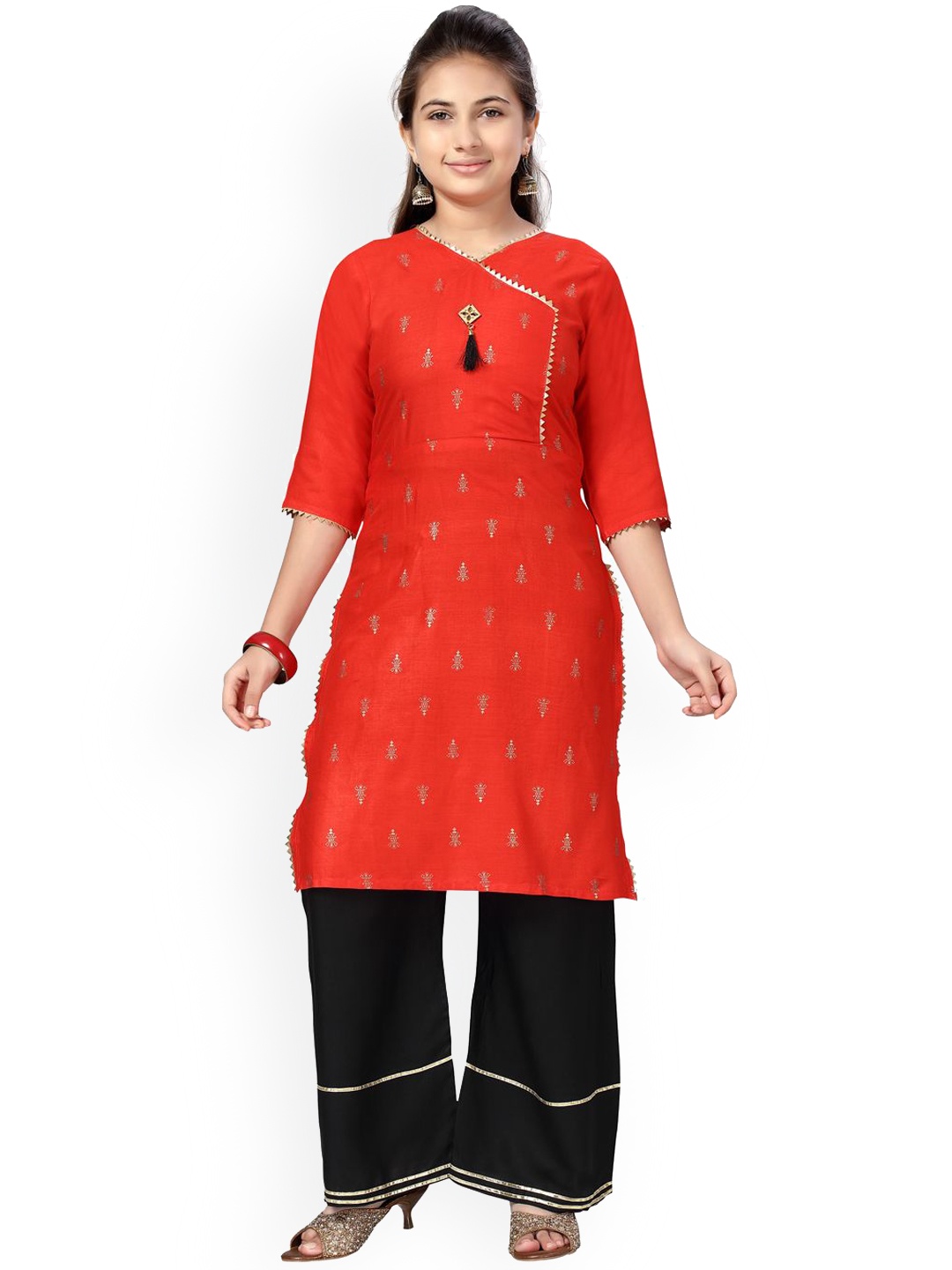 

BAESD Girls Ethnic Motifs Printed Zari Angrakha Cotton Straight Kurta, Red