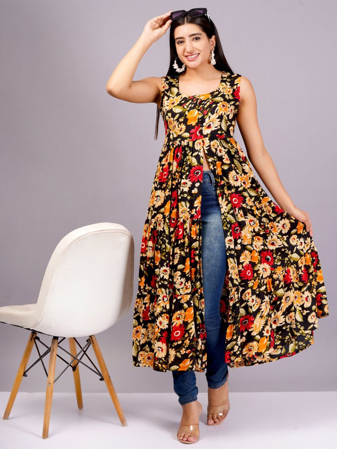 

JC4U Floral Printed Fit and Flare Midi Dress, Black