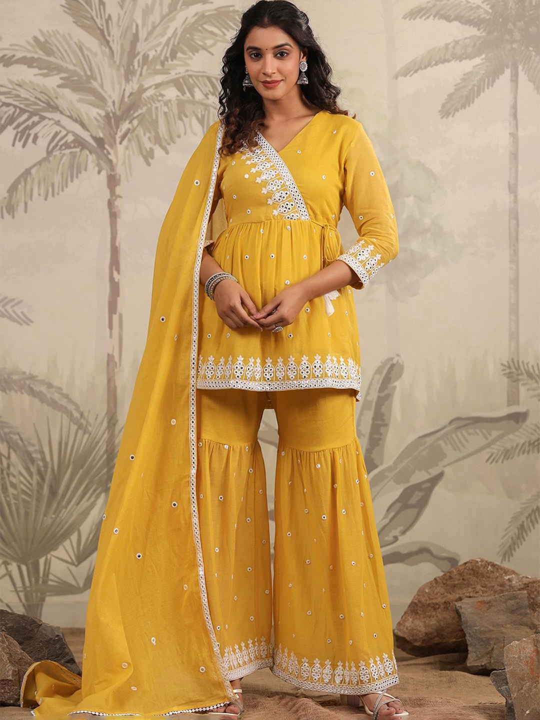 

Kaftanize Ethnic Motifs Embroidered Pure Cotton Angrakha Kurti with Sharara & Dupatta, Yellow