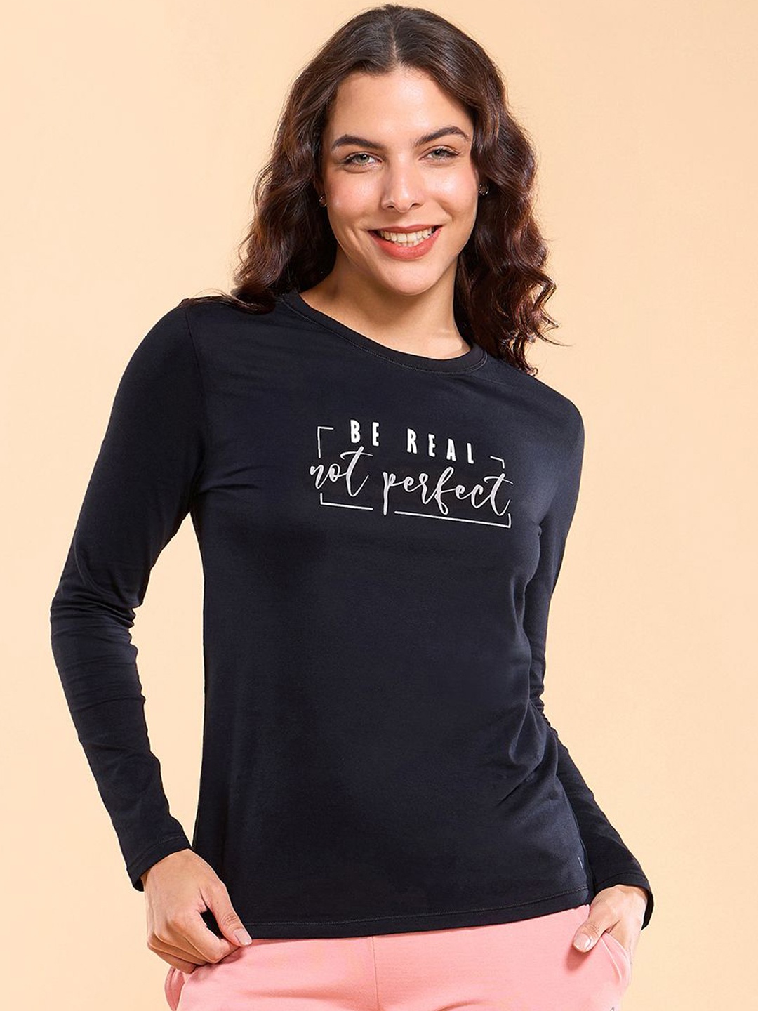 

Enamor E157 Graphic Printed Basic Stretchable Cotton T-shirt, Black