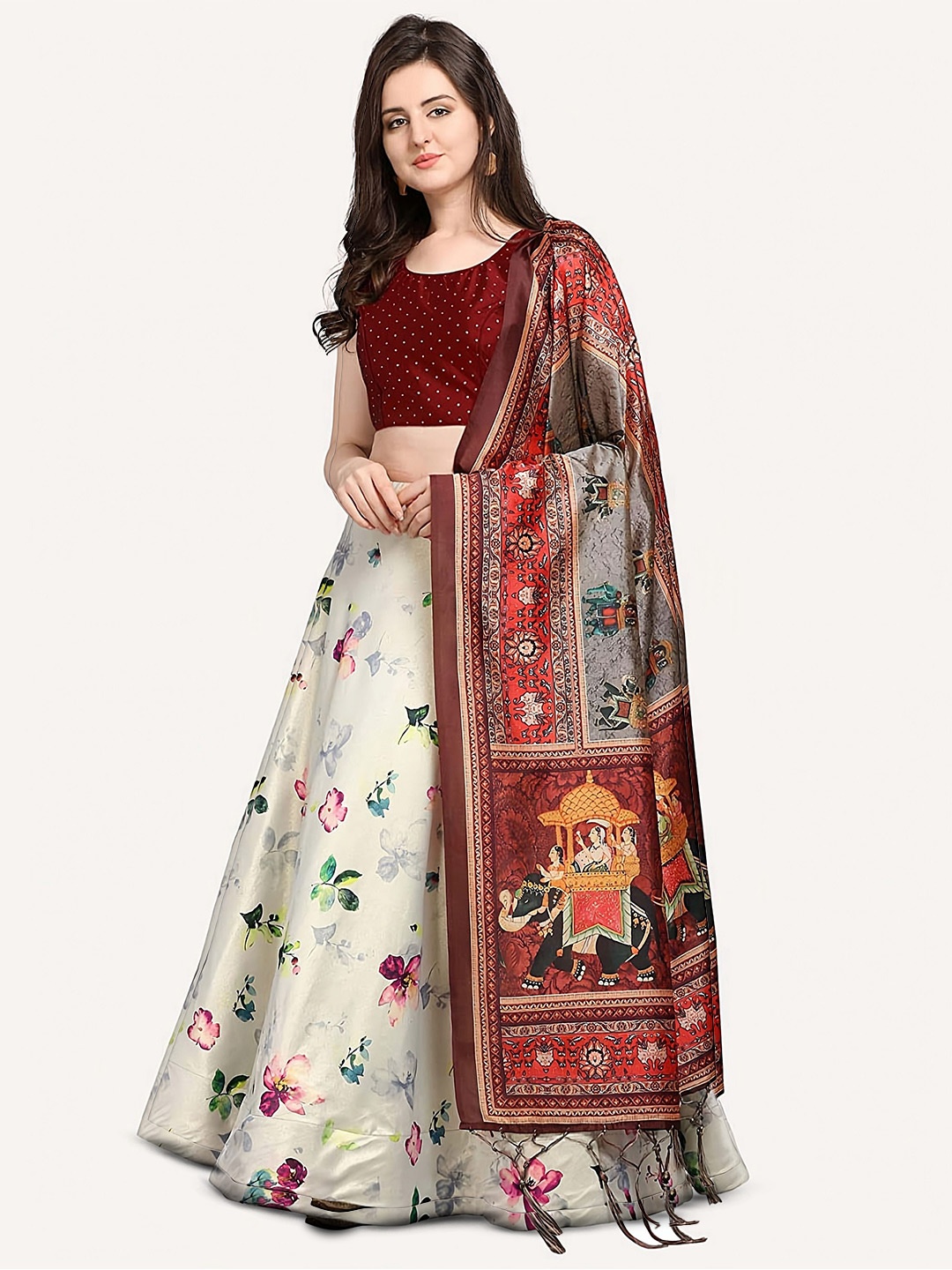 

Kaizen TEXO FAB Printed Satin Semi-Stitched Lehenga & Unstitched Blouse With Dupatta, Silver