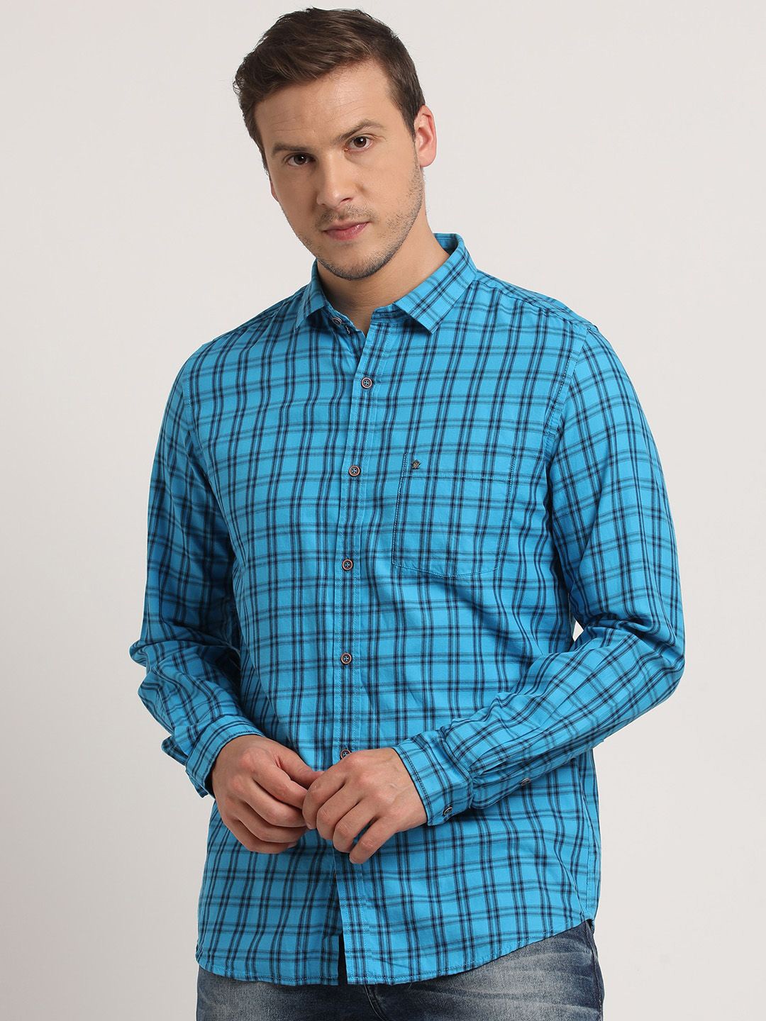 

Turtle Men Relaxed Spread Collar Checked Cotton Slim Fit Casual Shirt, Blue