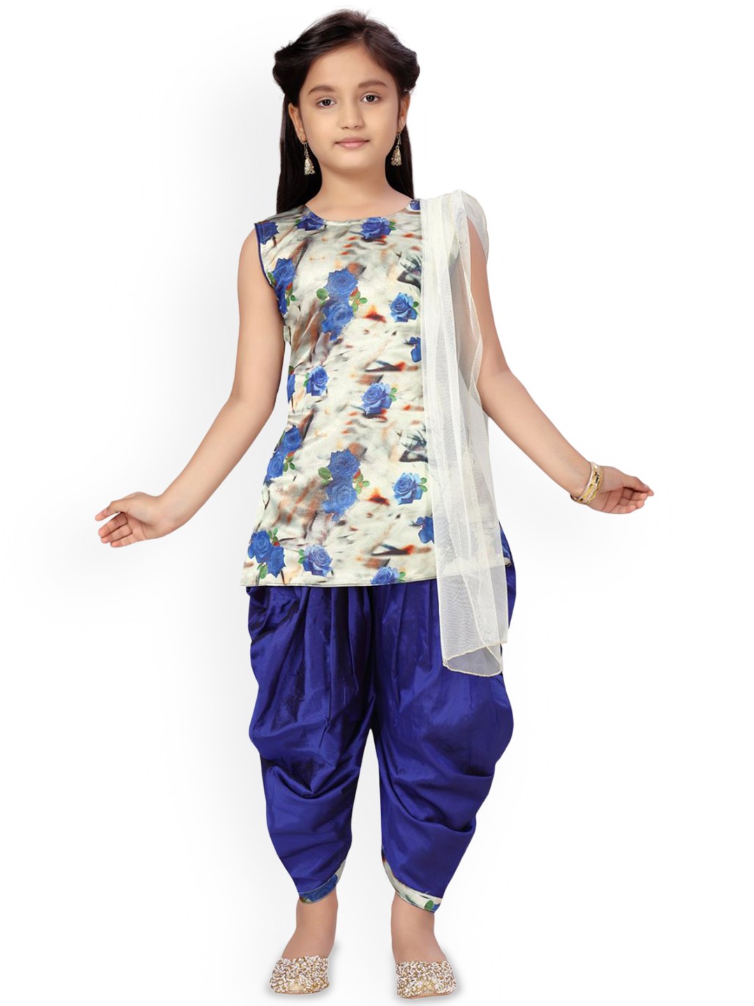 

BAESD Girls Floral Printed Pure Silk Straight Kurti With Patiala & Dupatta, Blue