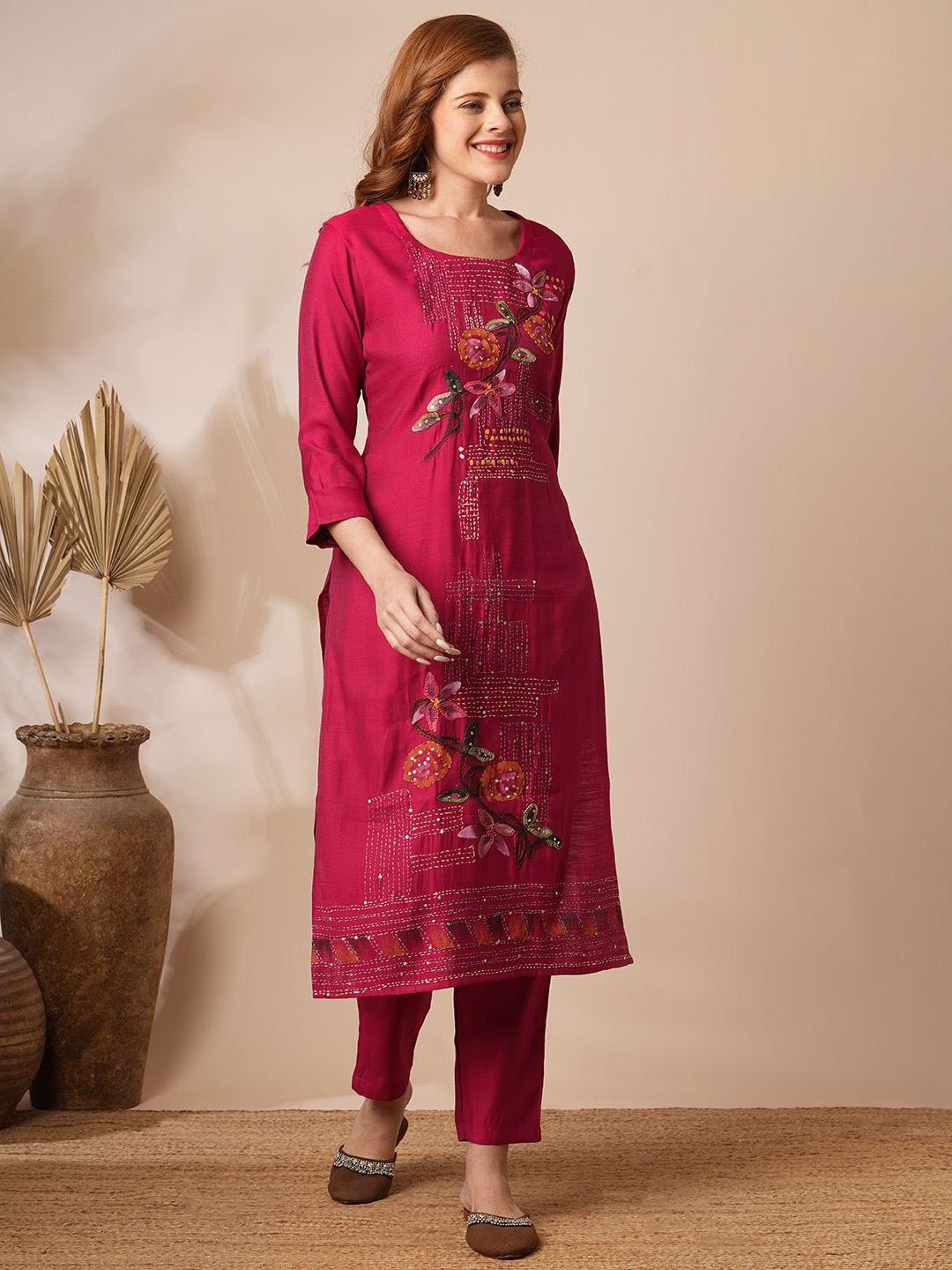 

FASHOR Embroidered Three Quarter Sleeve Tunic & Trouser, Magenta