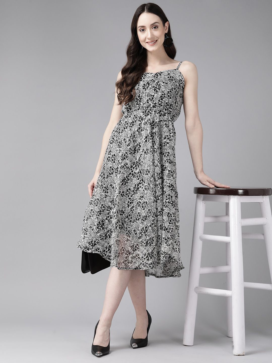 

BAESD Floral Printed Shoulder Straps Georgette Fit and Flare Midi Dress, Black