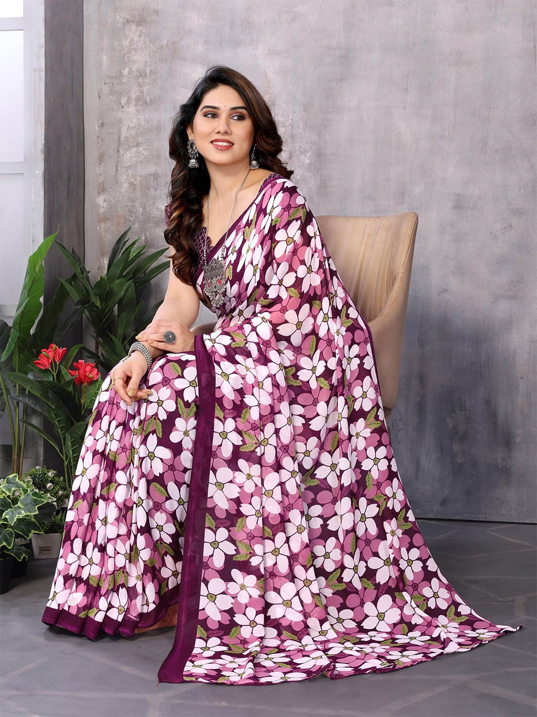 

The Textile Hub Floral Poly Georgette Saree, Purple