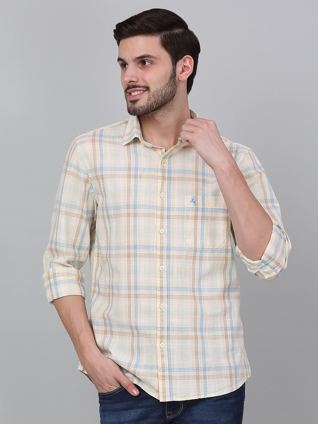 

Cantabil Men Spread Collar Tartan Checked Cotton Casual Shirt, Yellow