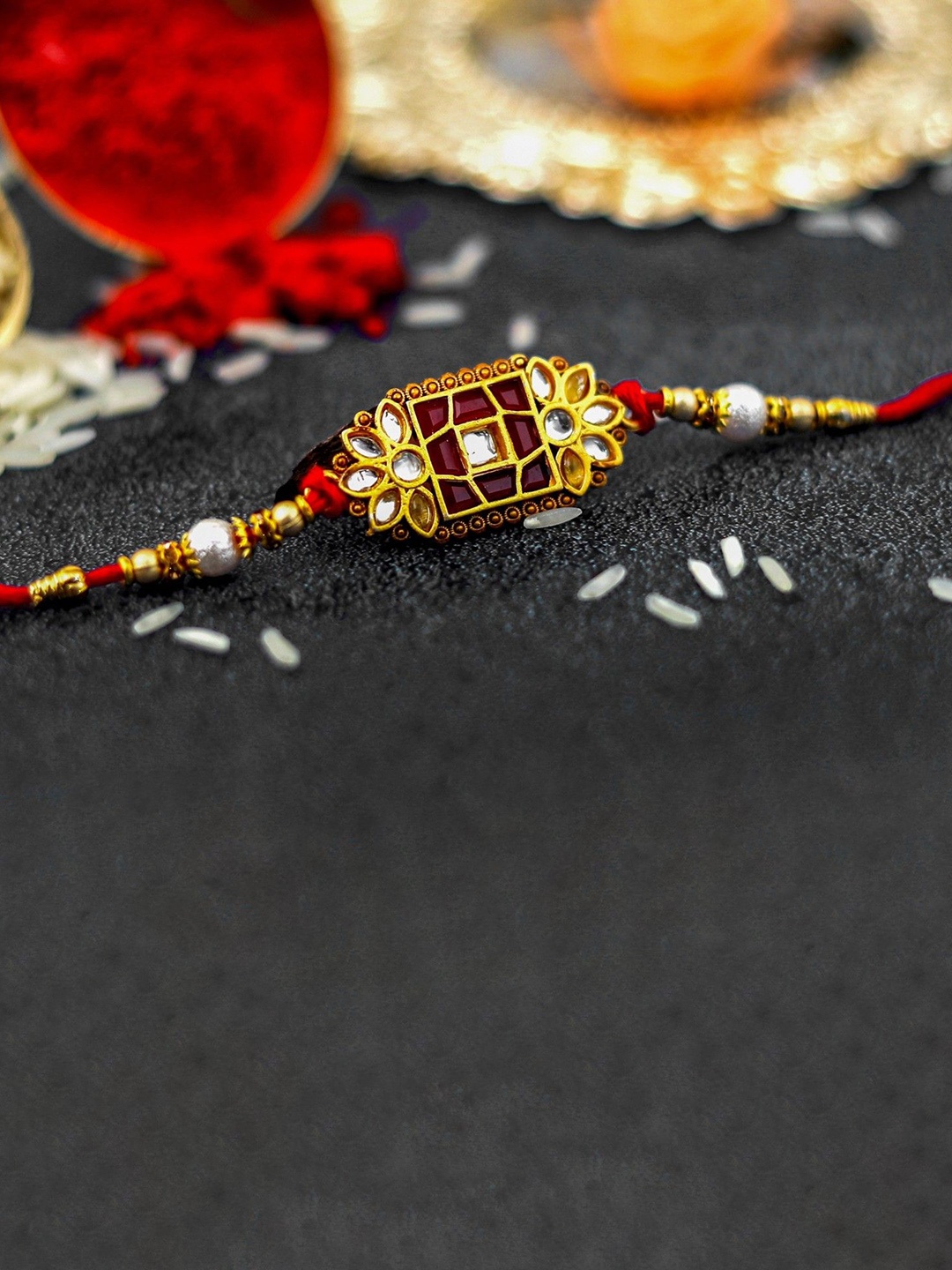 

MANSIYAORANGE Kundan Thread Rakhi, Red