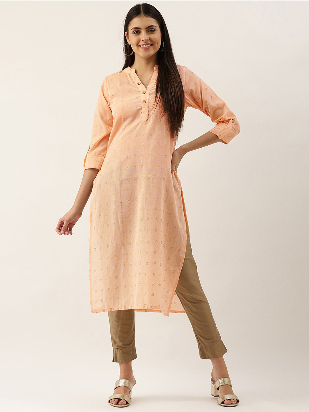 

KALINI Geometric Woven Design Mandarin Collar Straight Kurta, Peach