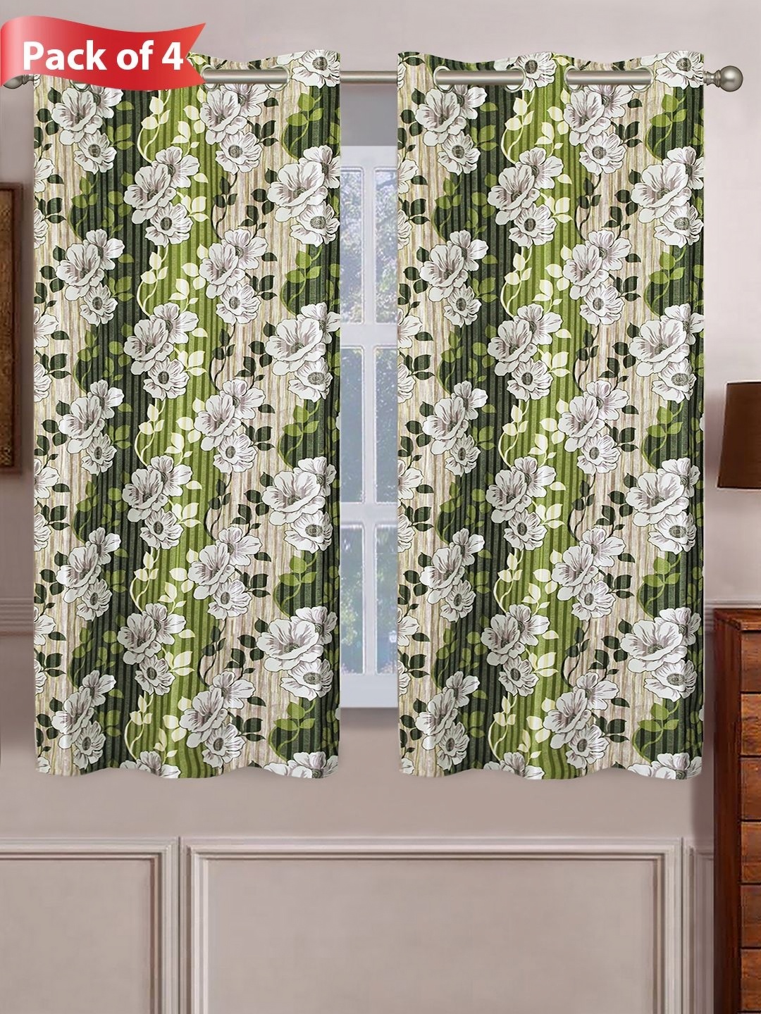 

Aura Green & White Set of 4 Floral Room Darkening Window Curtains