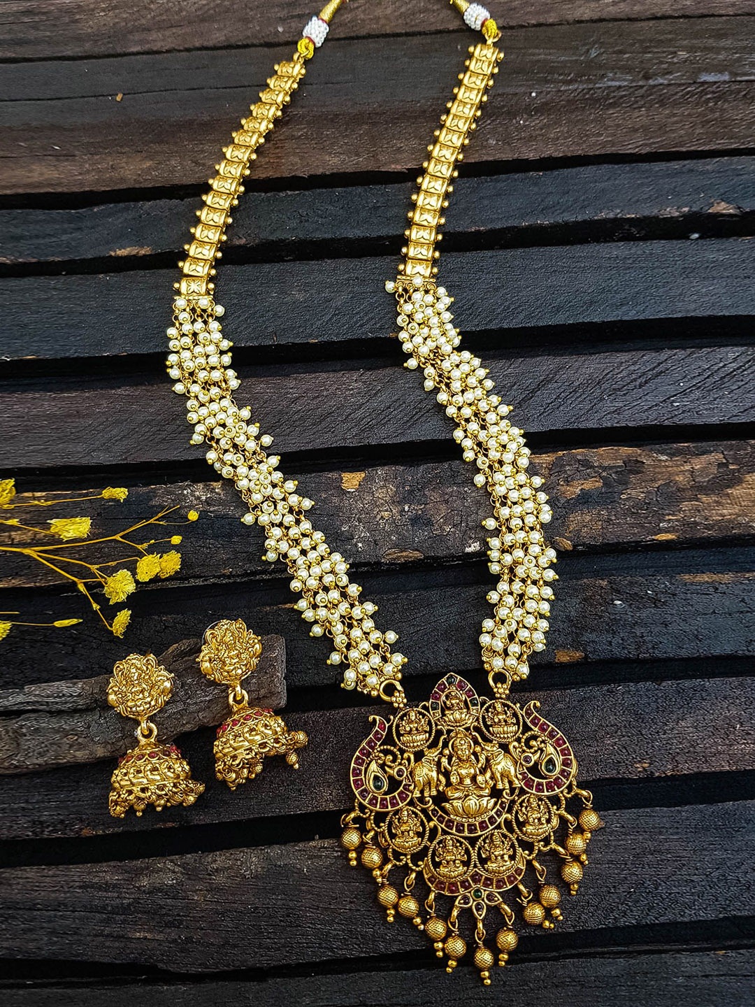 

GRIIHAM Gold Plated Cubic Zirconia Stone Studded & Beaded Temple Jewellery Set