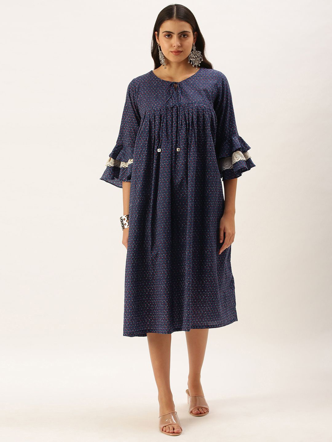 

KALINI Floral Printed Tie-Up Neck Bell Sleeves Midi Cotton A-Line Dress, Navy blue