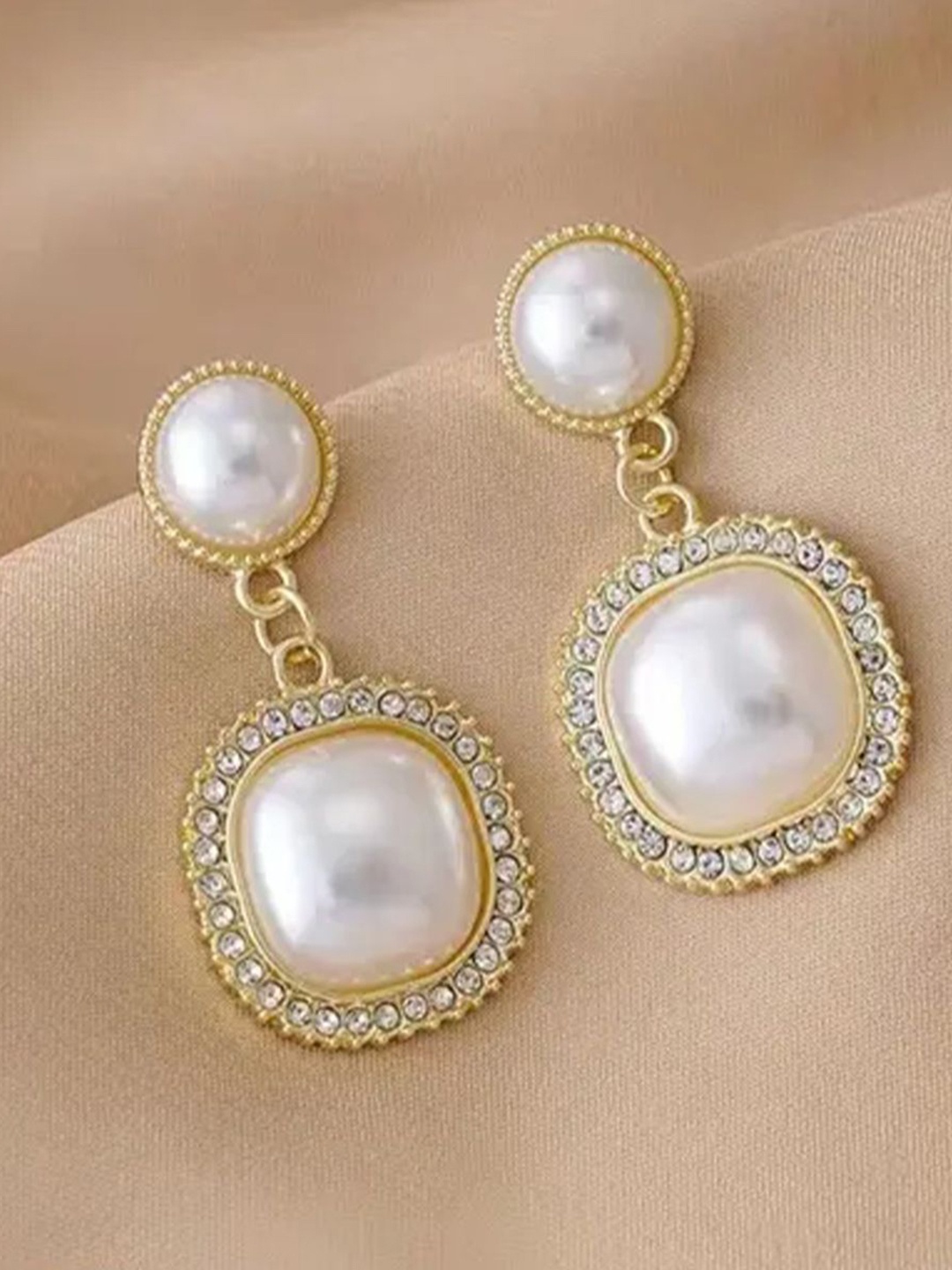 

CareDone Gold Plated Pearl Beaded Contemporary Drop Earrings, White