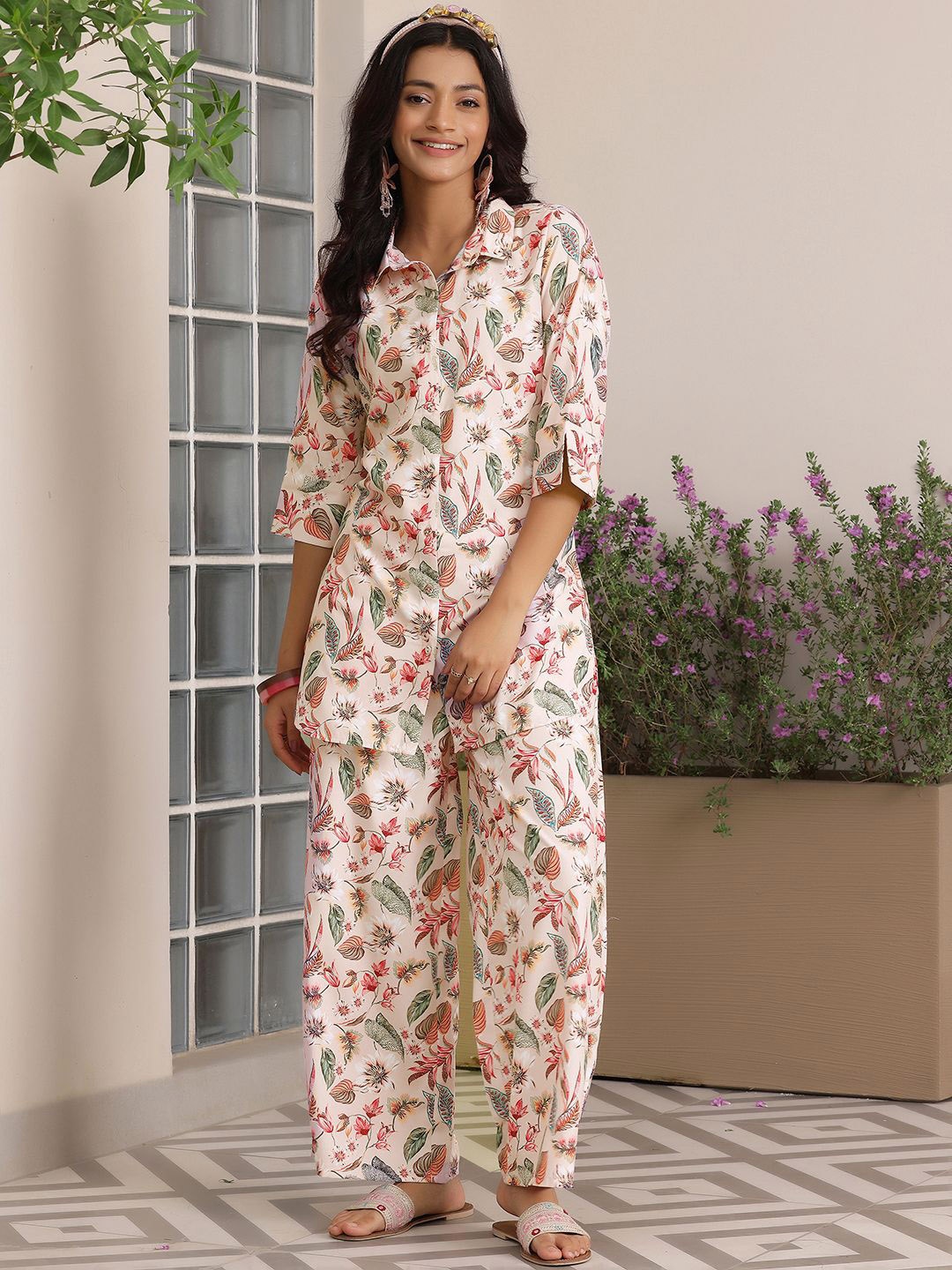 

Libas Floral Printed Shirt & Palazzos, Peach