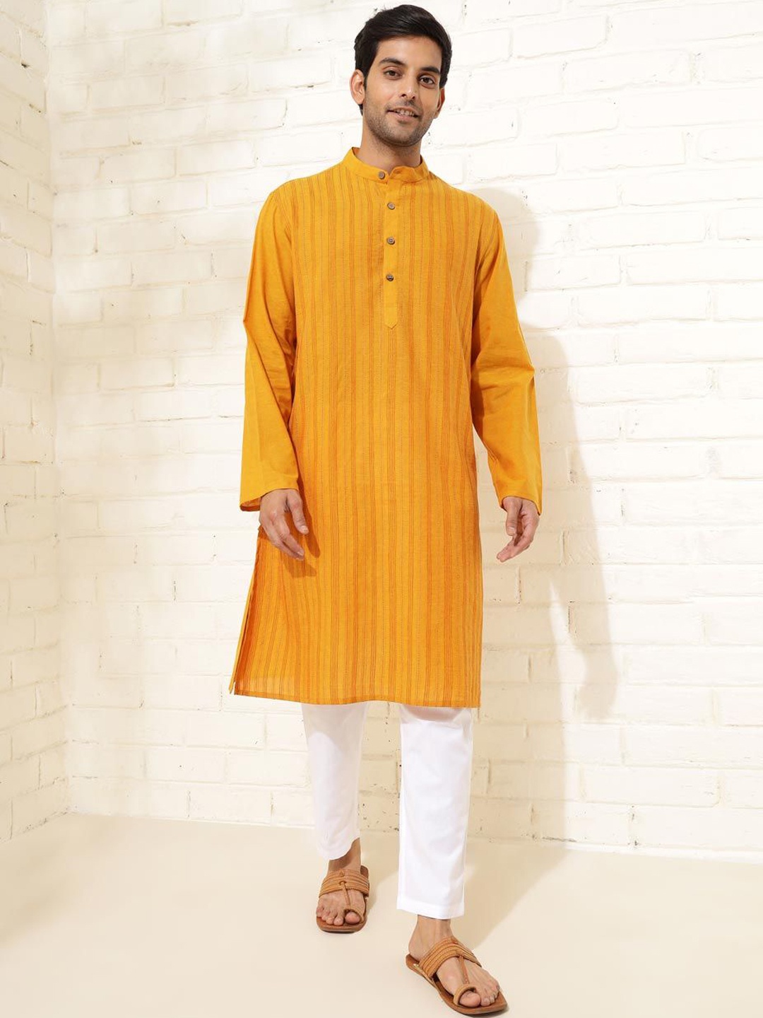 

Fabindia Striped Band Collar Thread Work Pure Cotton Comfort Fit Straight Kurta, Mustard