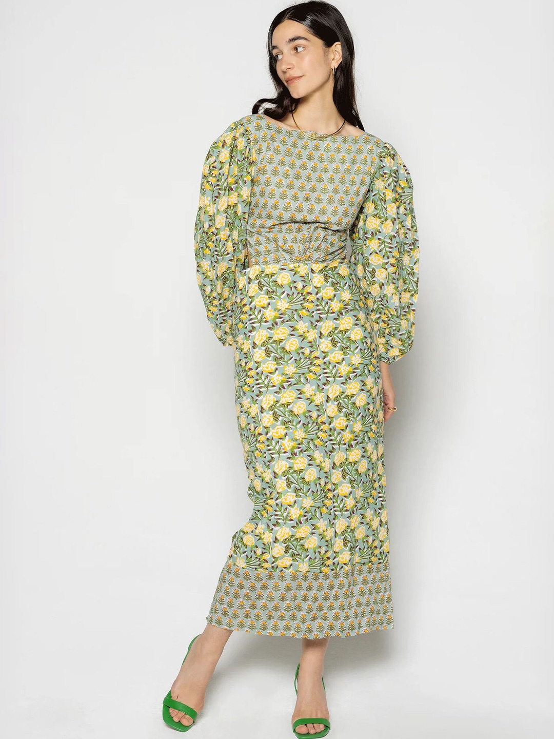 

LULU & SKY Women Floral Print Puff Sleeve Fit & Flare Midi Dress, Green