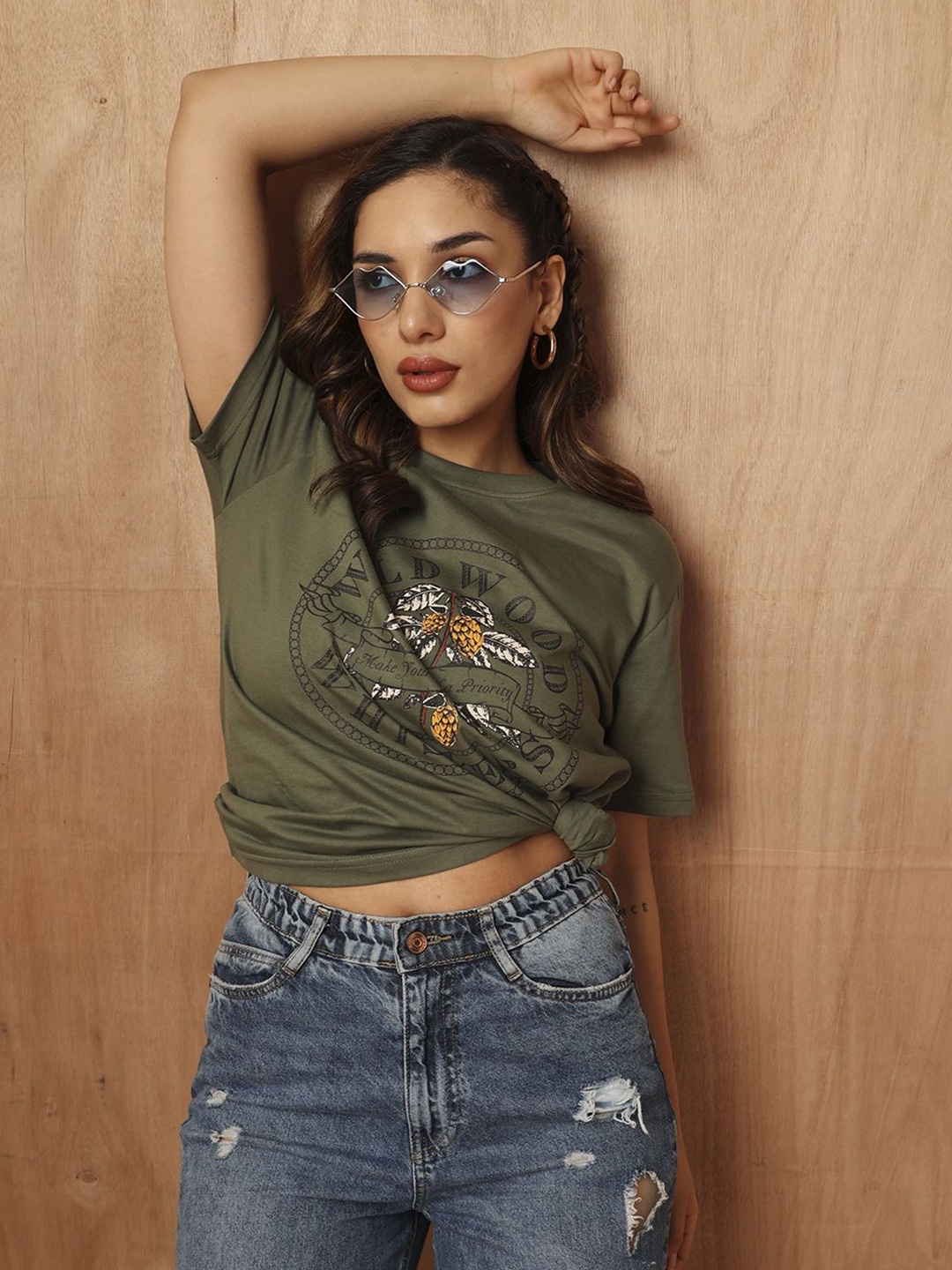 

The Roadster Lifestyle Co. Women Graphic Printed Round Neck Cotton Boxy Fit T-Shirt, Olive