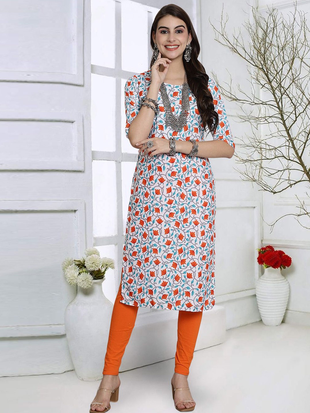 

7Threads Floral Printed Round Neck Straight Kurta, White