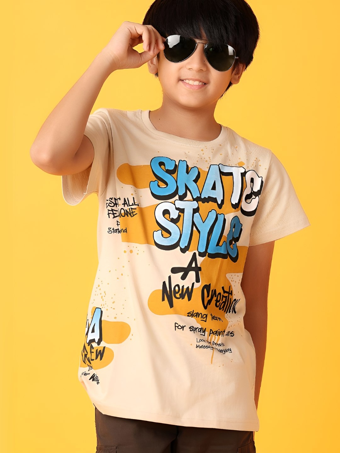 

V-Mart Boys Typography Printed Round Neck Cotton T-Shirt, Beige