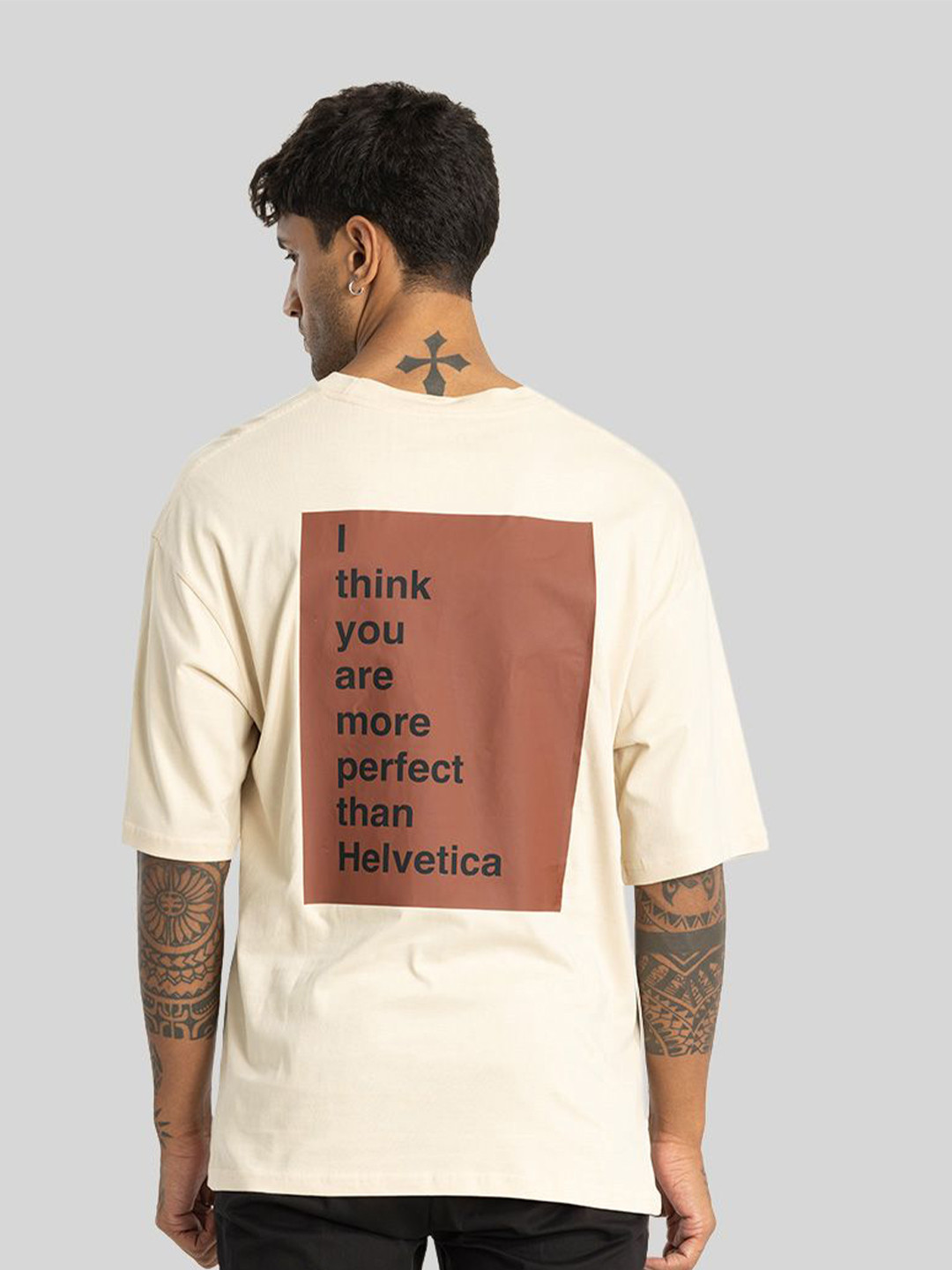 

Snitch Men Typography Printed Cotton Oversized T-shirt, Cream