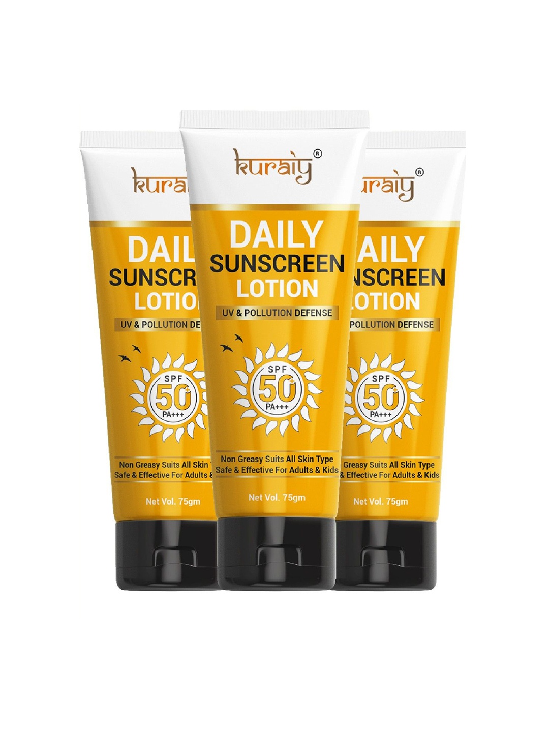 

KURAIY Set Of 3 SPF 50 PA+++ Sunscreen UV Lotion With Cucumber-75ml Each, Yellow