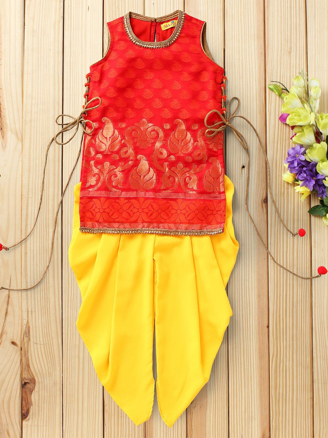 

Twisha Girls Woven Design Round Neck Tie-Up Top with Dhoti Pants, Red