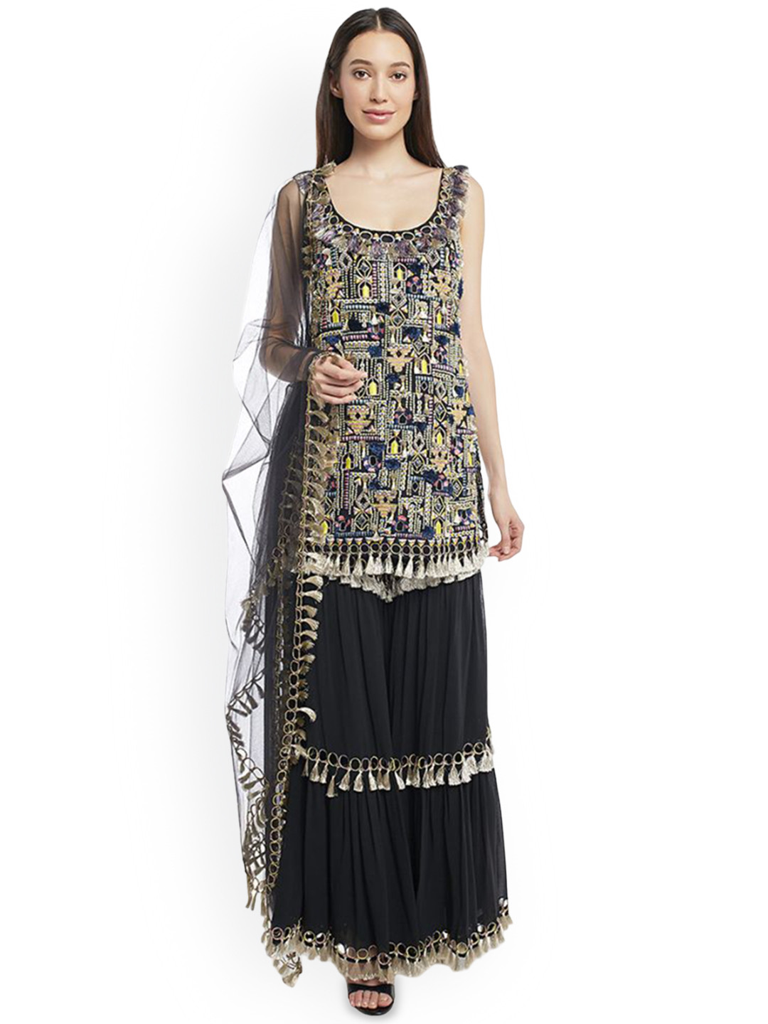 

Payal Singhal Ethnic Motifs Embroidered U-Neck Kurti with Sharara & Dupatta, Black