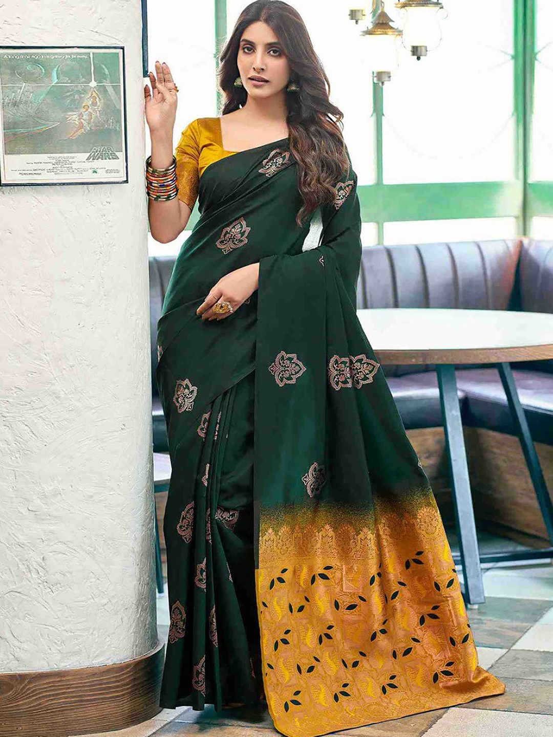 

Anjaneya Sarees Woven Design Zari Silk Blend Banarasi Saree, Green