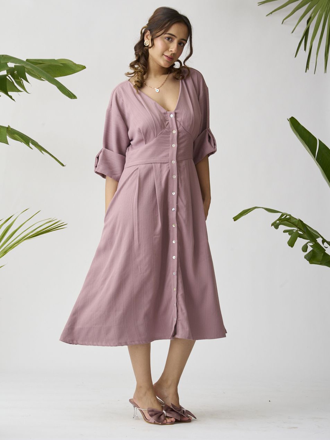 

Risate Roll-Up Sleeve A-Line Midi Dress, Mauve