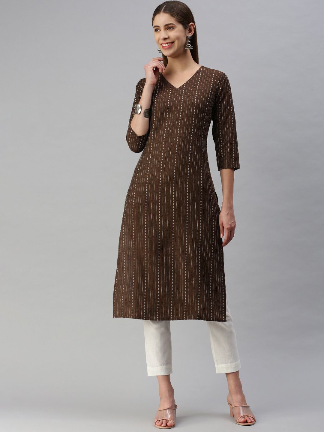 

KALINI Striped Woven Design Straight Kurta, Brown