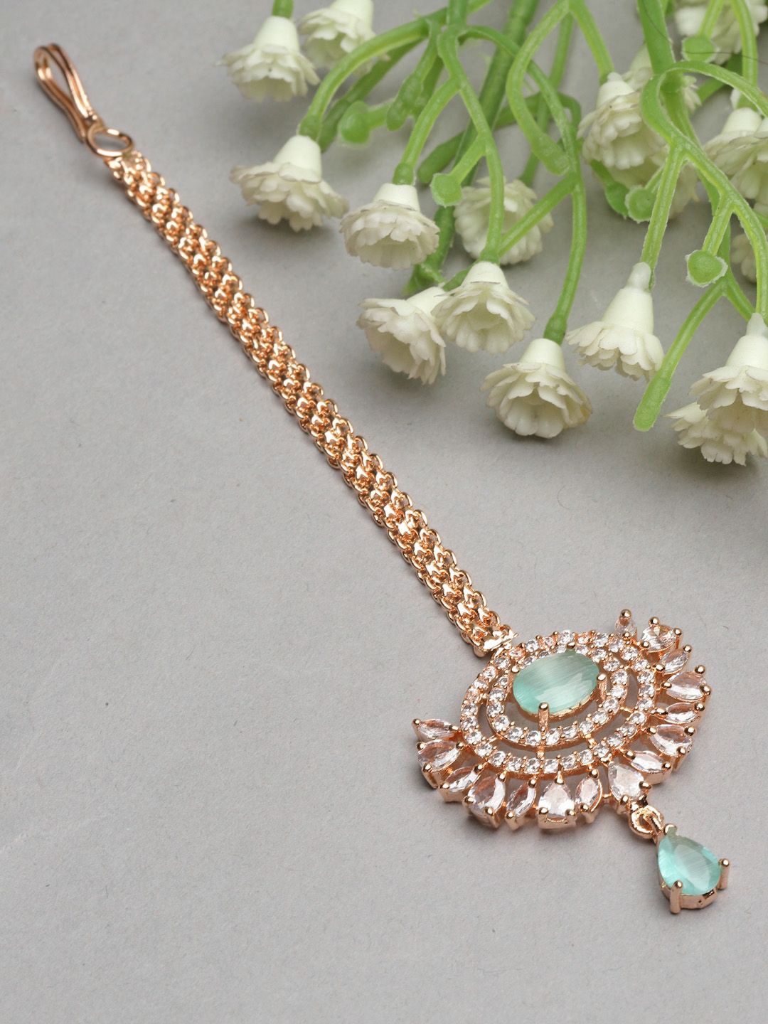 

ZENEME Rose Gold-Plated American Diamond Studded Maang Tikka Head Jewellery