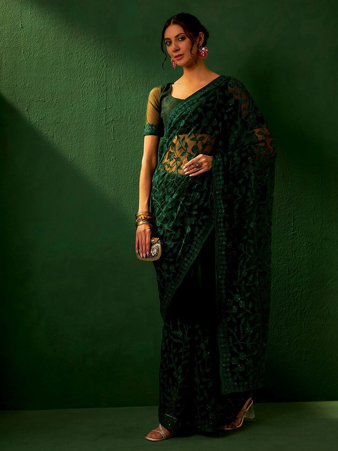 

SHADOW & SAINING Embellished Embroidered Saree, Green