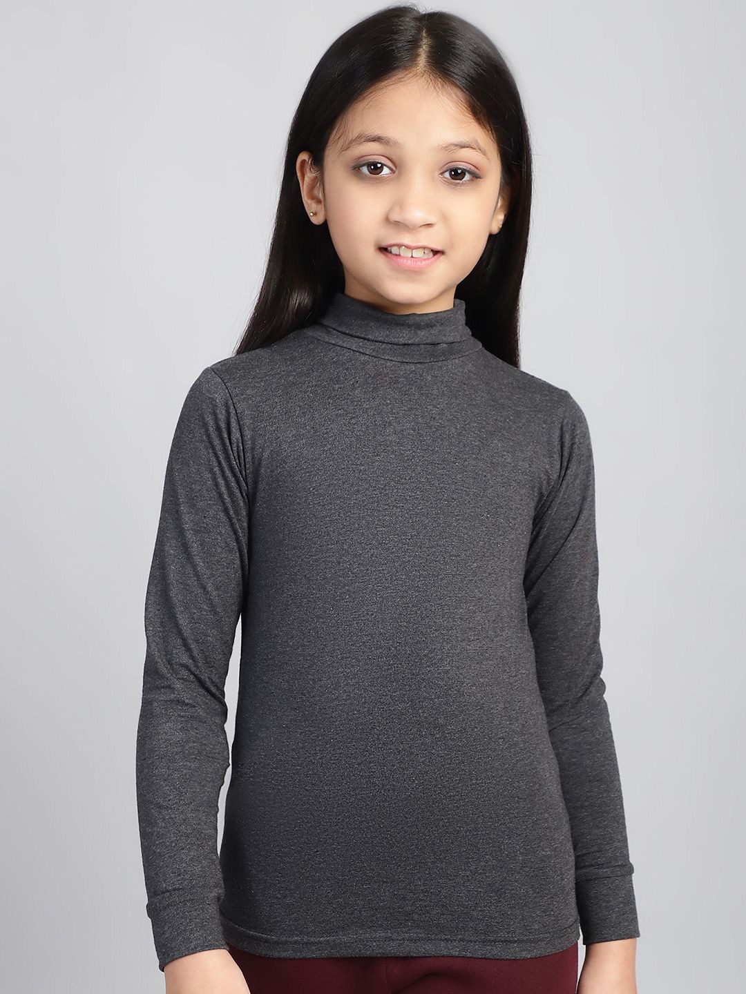 

Baawri Girls Solid High Neck Cotton Top, Grey melange