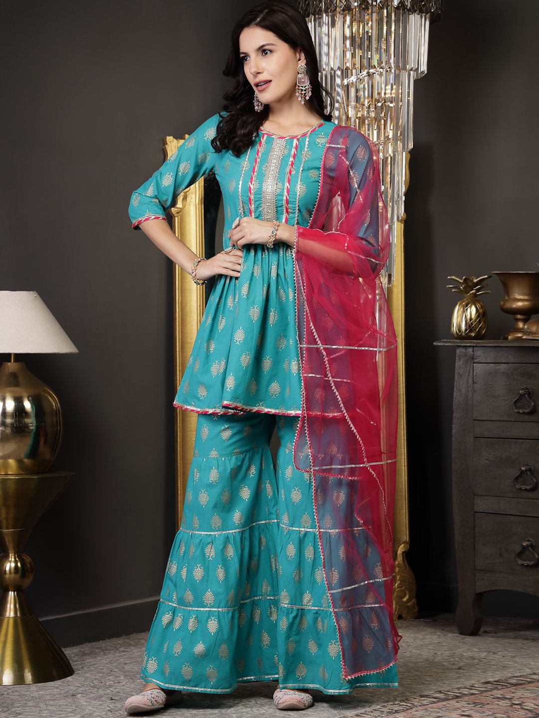 

Stylum Turquoise Blue Ethnic Printed Pleated Gotta Patti Kurti With Sharara & Dupatta