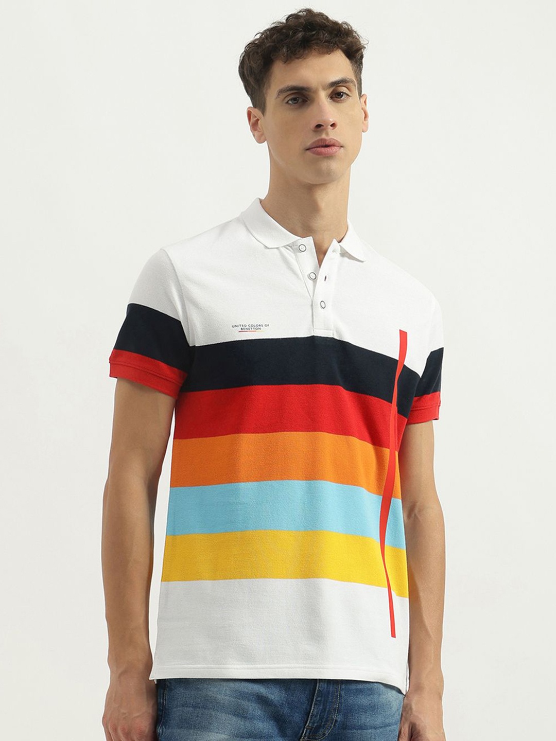 

United Colors of Benetton Men Striped Polo Collar Pure Cotton T-Shirt, White