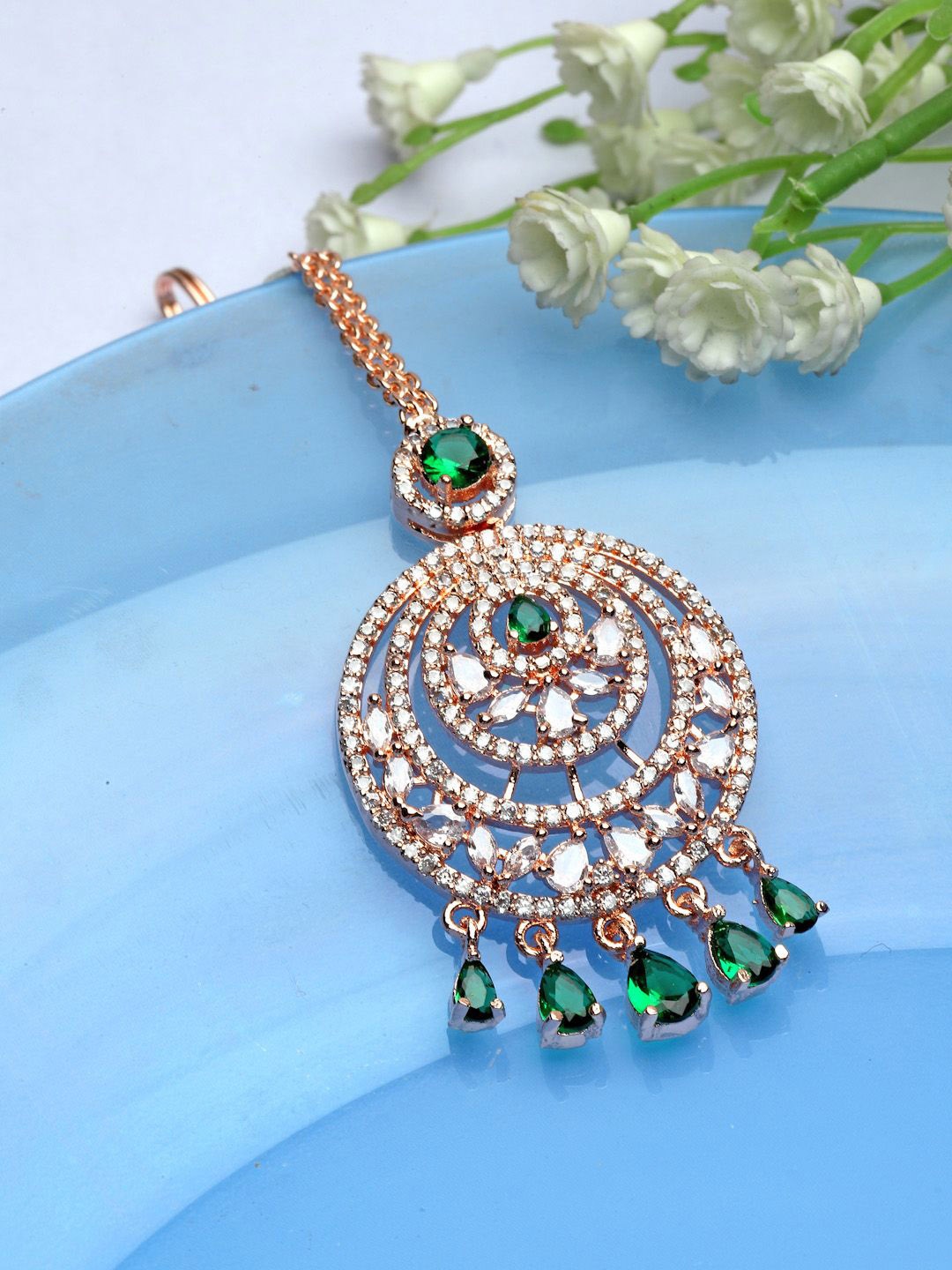 

ZENEME Rose Gold-Plated American Diamond Studded Maang Tikka Head Jewellery